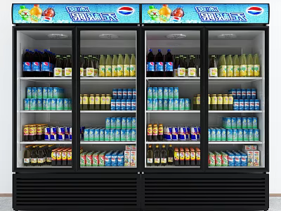 Two Glass Door Beverage Display Refrigerators Stocked with Bottled and Canned Drinks and LED Screens 3d model
