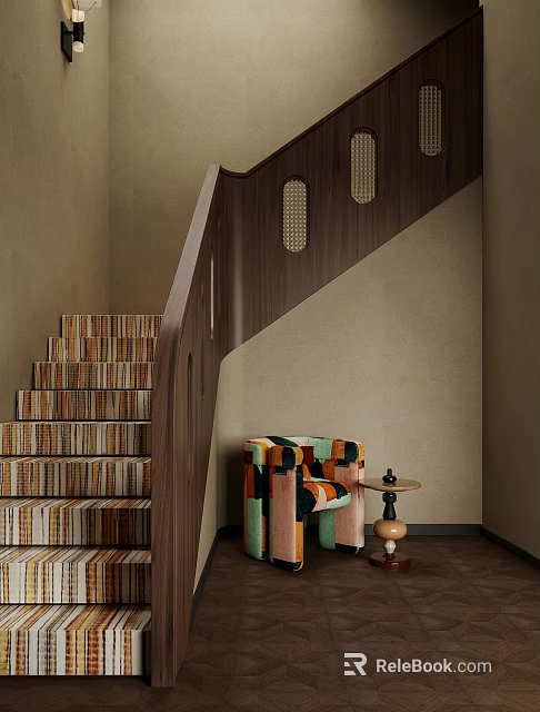 Wooden Staircase With Perforated Handrail Striped Steps And Colorful Armchair Near Small Round Table 3d model 