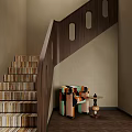 Wooden Staircase With Perforated Handrail Striped Steps And Colorful Armchair Near Small Round Table