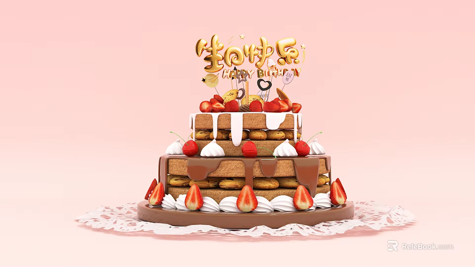 Multi Layered Birthday Cake With Strawberries Whipped Cream Cookies And Happy Birthday Decorations 3d model 