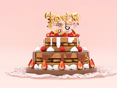 Multi Layered Birthday Cake With Strawberries Whipped Cream Cookies And Happy Birthday Decorations 3d model