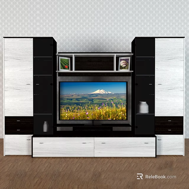 Modern Black And White TV Stand With Storage Drawers And Decorative Shelves 3d model 