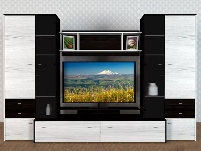 Modern Black And White TV Stand With Storage Drawers And Decorative Shelves 3d model