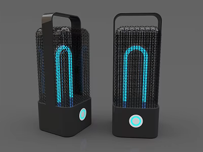 Portable Black Mesh Devices With Blue LED Light And Circular Button Handle 3d model