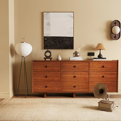Wooden Console Cabinet And Side Cabinet With Drawers Floor Lamp Table Lamp And Phonograph 3d model