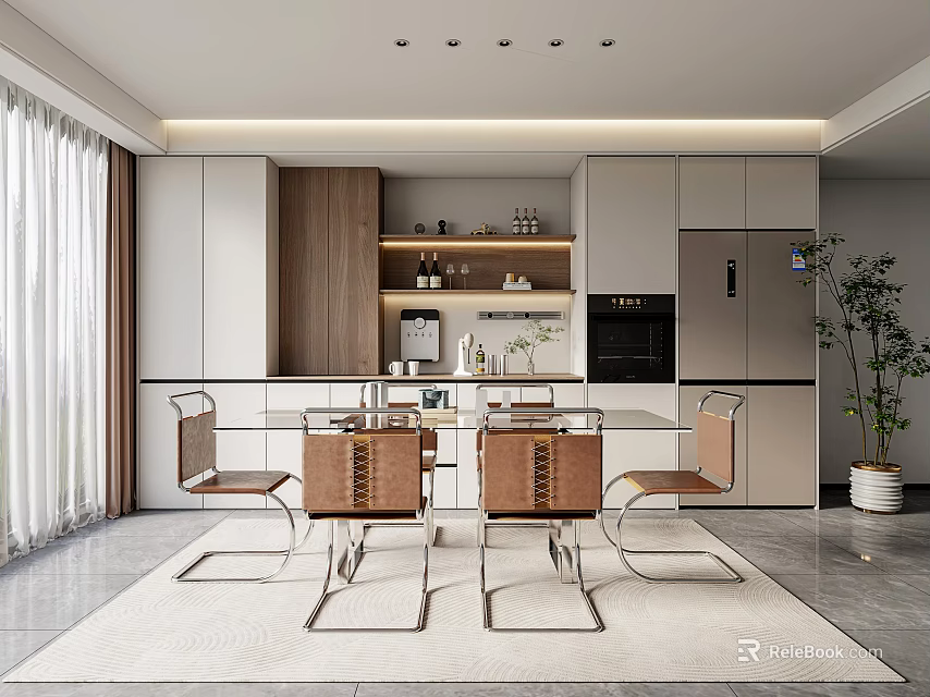 Modern Restaurant Dining Space With Open Kitchen White Wooden Cabinets Island Counter And Chairs 3d model 