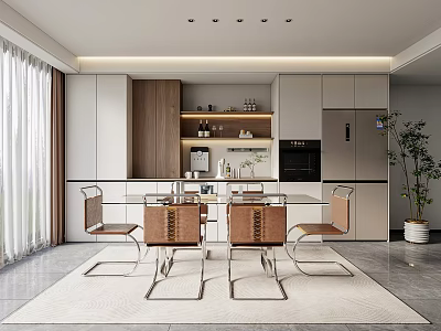 Modern Restaurant Dining Space With Open Kitchen White Wooden Cabinets Island Counter And Chairs 3d model
