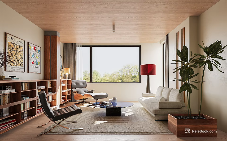 Modern Living Room Interior With Sofa Chairs Bookshelves Large Window And Plant 3d model 