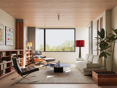 Modern Living Room Interior With Sofa Chairs Bookshelves Large Window And Plant 3d model