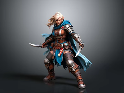 Blonde Warrior With Blue Cape And Dual Swords In Leather Metal Armor 3d model
