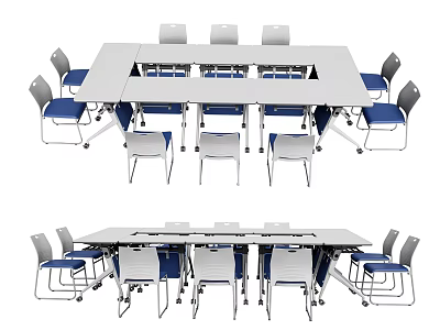 Modern Rectangular Conference Table With Ergonomic Blue Chairs And White Desktop Design 3d model
