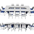Modern Rectangular Conference Table With Ergonomic Blue Chairs And White Desktop Design 3d model