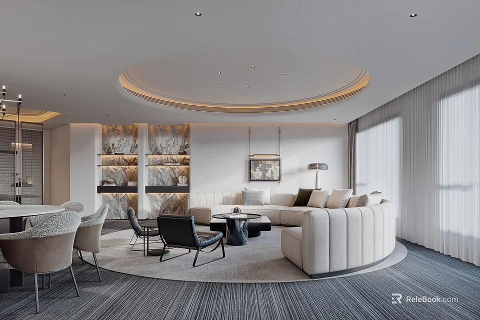 Modern Living and Dining Room With Circular Ceiling Lighting Curved Sofa Round Table And Sheer Curtains 3d model 