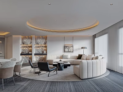 Modern Living and Dining Room With Circular Ceiling Lighting Curved Sofa Round Table And Sheer Curtains 3d model