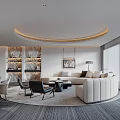 Modern Living and Dining Room With Circular Ceiling Lighting Curved Sofa Round Table And Sheer Curtains