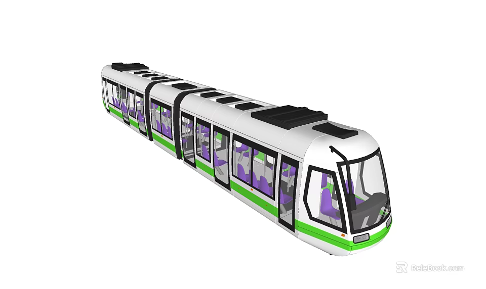 Modern Green And White Electric Tram With Multiple Carriages And Large Windows 3d model 