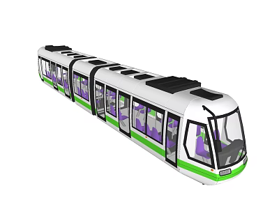 Modern Green And White Electric Tram With Multiple Carriages And Large Windows 3d model