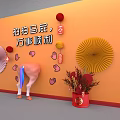 Interactive Art Installation With Fan Decor Red Lanterns Red Flowers And Orange Wall