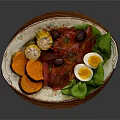 Delicious Grilled Meat Plate With Boiled Eggs Corn Sweet Potatoes And Leafy Greens
