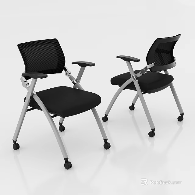 Black Office Chair With Mesh Back Armrests Silver Frame And Rolling Wheels 3d model 