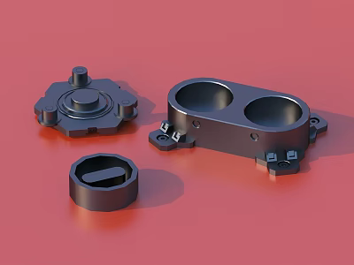 Dark Colored Metal Mechanical Parts With Various Shapes On Red Background 3d model