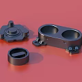 Dark Colored Metal Mechanical Parts With Various Shapes On Red Background
