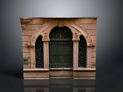 Classic Stone Entrance Gate With Arched Top Iron Grille And Decorative Carvings 3d model