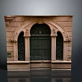 Classic Stone Entrance Gate With Arched Top Iron Grille And Decorative Carvings