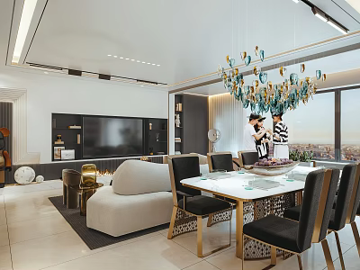 Modern Living and Dining Room Interior With Blue Glass Chandelier White Sofa And Large Windows 3d model