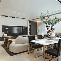 Modern Living and Dining Room Interior With Blue Glass Chandelier White Sofa And Large Windows