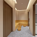 SPA Sauna Lobby Interior With Marble Reception Desk Red Beige Shelves And Green Plant