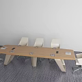 Modern Conference Room With Long Wooden Table White Office Chairs And Carpeted Floor