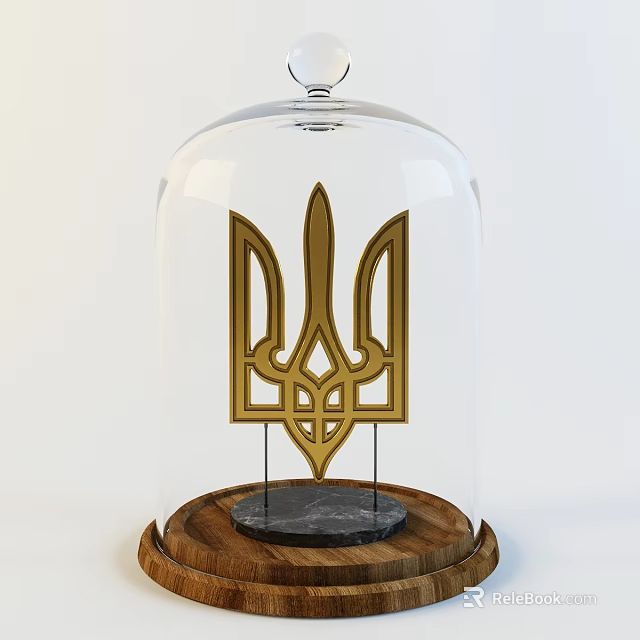 Glass Dome Covered Decorative Ornament Set With Gold Symbol Wooden And Black Marble Base 3d model 