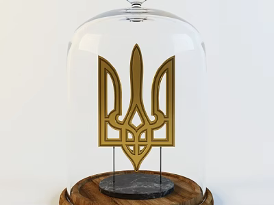 Glass Dome Covered Decorative Ornament Set With Gold Symbol Wooden And Black Marble Base 3d model