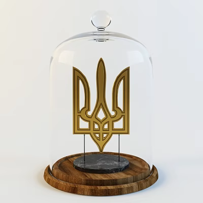 Glass Dome Covered Decorative Ornament Set With Gold Symbol Wooden And Black Marble Base 3d model