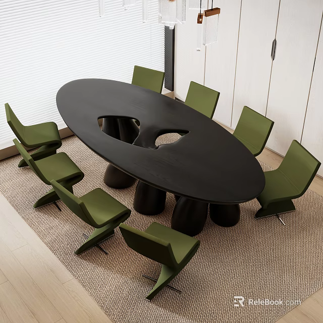Modern Black Oval Dining Table Set With Green Chairs Unique Leg Design And Woven Rug 3d model 
