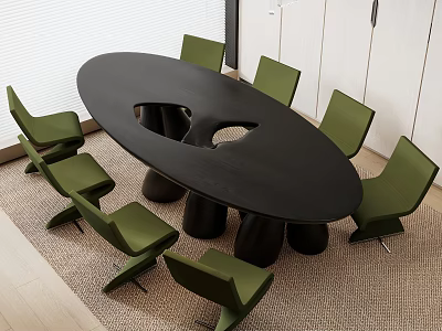 Modern Black Oval Dining Table Set With Green Chairs Unique Leg Design And Woven Rug 3d model