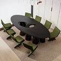 Modern Black Oval Dining Table Set With Green Chairs Unique Leg Design And Woven Rug