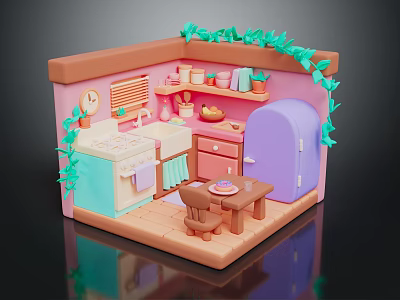 Cartoon Kitchen Scene With Green Vines Window Blinds Sink Cabinets Purple Refrigerator Table And Chair 3d model