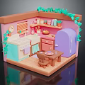 Cartoon Kitchen Scene With Green Vines Window Blinds Sink Cabinets Purple Refrigerator Table And Chair