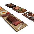 Various Delicious Steak And Grilled Meat Dishes With Vegetables And Egg On Wooden Plates