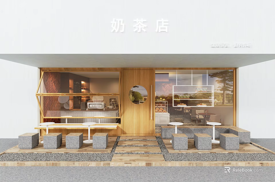 Modern Milk Tea Shop Storefront With Wooden Door Glass Windows And Outdoor Seating 3d model 