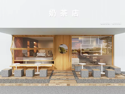 Modern Milk Tea Shop Storefront With Wooden Door Glass Windows And Outdoor Seating 3d model