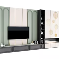 Modern Living Room TV Wall with Green Beige Panels Golden Circular Patterns Bookshelves and Cabinets