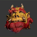 Yellow and Red Dragon Head Sculpture With Scales Horns And Flame Accents