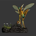 Vibrant Detailed Insect Sculpture With Larva On Stone Base And Small Plants