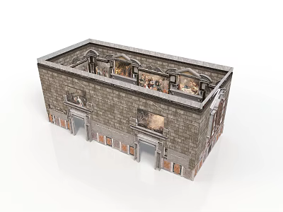 Two Story Stone Brick Building Model With Arched Windows Doors And Murals 3d model