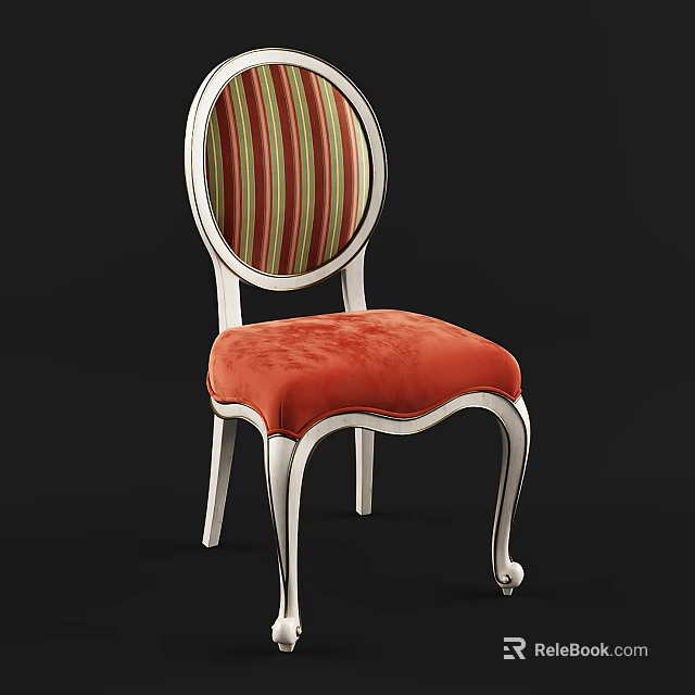 Elegant Vintage Dining Chair With Striped Backrest And Orange Cushion White Frame And Curved Legs 3d model 