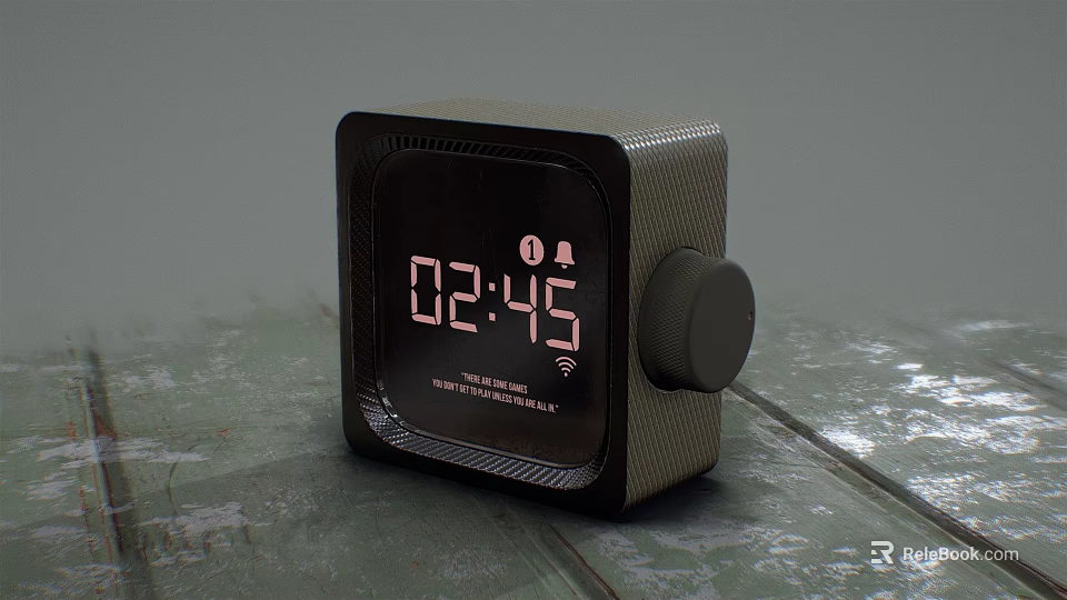 Square Digital Clock With Red Numbers WiFi Symbol And Knob On Gray Surface 3d model 