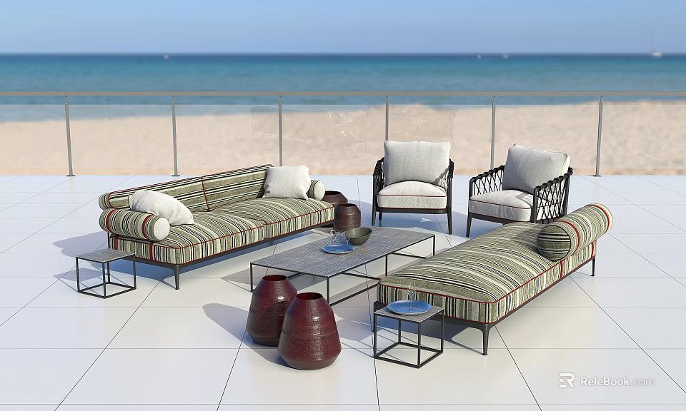 Striped Outdoor Sofa Set with Beachside View Chairs and Coffee Tables for Relaxing Outdoor Leisure 3d model 
